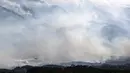 Sebuah pesawat pemadam kebakaran menjatuhkan air di atas hutan dekat Desa Schinos, Korintus, Yunani, Kamis (20/5/2021). Delapan pesawat dan tiga helikopter diterjunkan untuk menjatuhkan air ke titik api. (AP Photo/Petros Giannakouris)