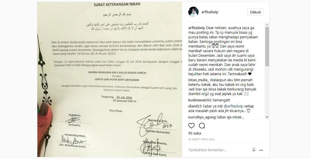 Dituduh Hamil Sebelum Nikah, Ini Penjelasan Istri Yama Carlos [foto: instagram/arfitadwip]