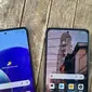 Desain layar Samsung Galaxy A72 (kiri) dan Redmi Note 10 Pro yang sama-sama memiliki sebuah single punch-hole. (Liputan6.com/ Agustin Setyo W)