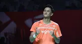 Tunggal putra Indonesia, Alwi Farhan, melakukan selebrasi setelah mengalahkan wakil India, Lakhsya Sen, di Istora Senayan, Selasa (2/6/2026). Alwi Farhan menang dengan skor 21-19, 21-16. (Bola.com/M Iqbal Ichsan)