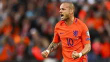 Meski sudah berusia 33 tahun namun hingga kini Wesley Sneijder tetap menjadi pilihan utama di lini tengah Timnas Belanda. (AFP/Jerry Lampen)