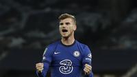 Ekspresi pemain Chelsea, Timo Werner, setelah menjebol gawang Tottenham Hotspur pada pertandingan babak keempat Carabao Cup di Tottenham Hotspur Stadium, Rabu (30/9/2020) dini hari WIB. (Twitter/Chelsea FC)