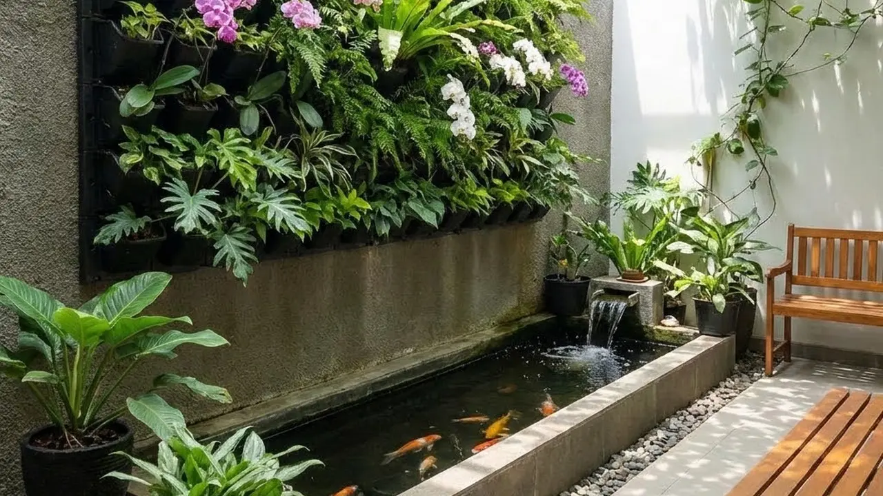 Ide Teras Adem Kombinasi Tanaman Hias dan Kolam Mini