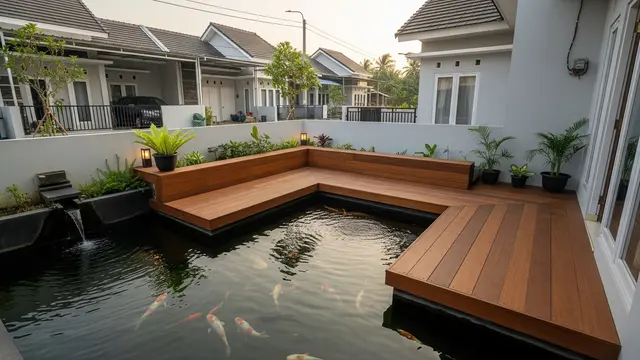 Desain Kolam Ikan Koi Model Sudut L-Shape dengan Dek Kayu