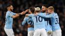 Para pemain Manchester City merayakan gol yang dicetak oleh Raheem Sterling ke gawang Watford pada laga Premier League 2019 di Stadion Etihad, Sabtu (9/3). Manchester City menang 3-1 atas Watford. (AFP/Paul Ellis)