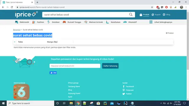 penelusuran dengan kata kunci "surat sehat bebas covid" di agregator eCommerce platform, iPrice