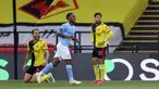 Pemain Manchester City Raheem Sterling (tengah) merayakan golnya ke gawang Watford pada lanjutan Liga Premier Inggris di Stadion Vicarage Road, Watford, Inggris, Selasa (21/7/2020). Manchester City menang 4-0. (Richard Heathcote/Pool via AP)