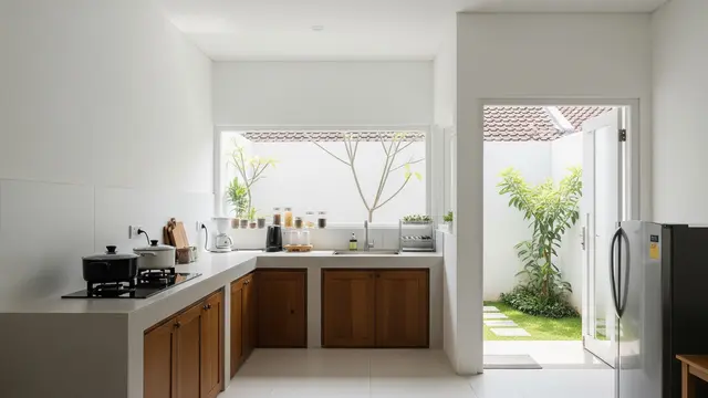 Dapur Terbuka Minimalis Anti Cipratan Minyak yang Dinding Terjaga Kebersihannya Model Sudut Belakang Rumah