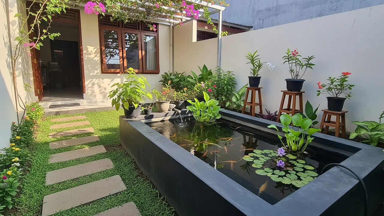 Model Halaman Belakang Rumah Kecil dengan Kolam Ikan Lele atau Nila untuk Konsumsi/ Ilustrasi AI