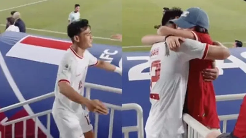 Momen Arhan lari dan memeluk sang istri usai timnas U-23 Indonesia menyingkirkan Korea Selatan (Foto: Tangkapan layar Instagram Stories @azizahsalsha_)