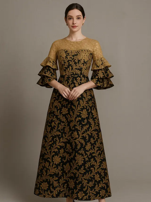 Model Batik Brokat Kombinasi Lengan Tiga Lapis