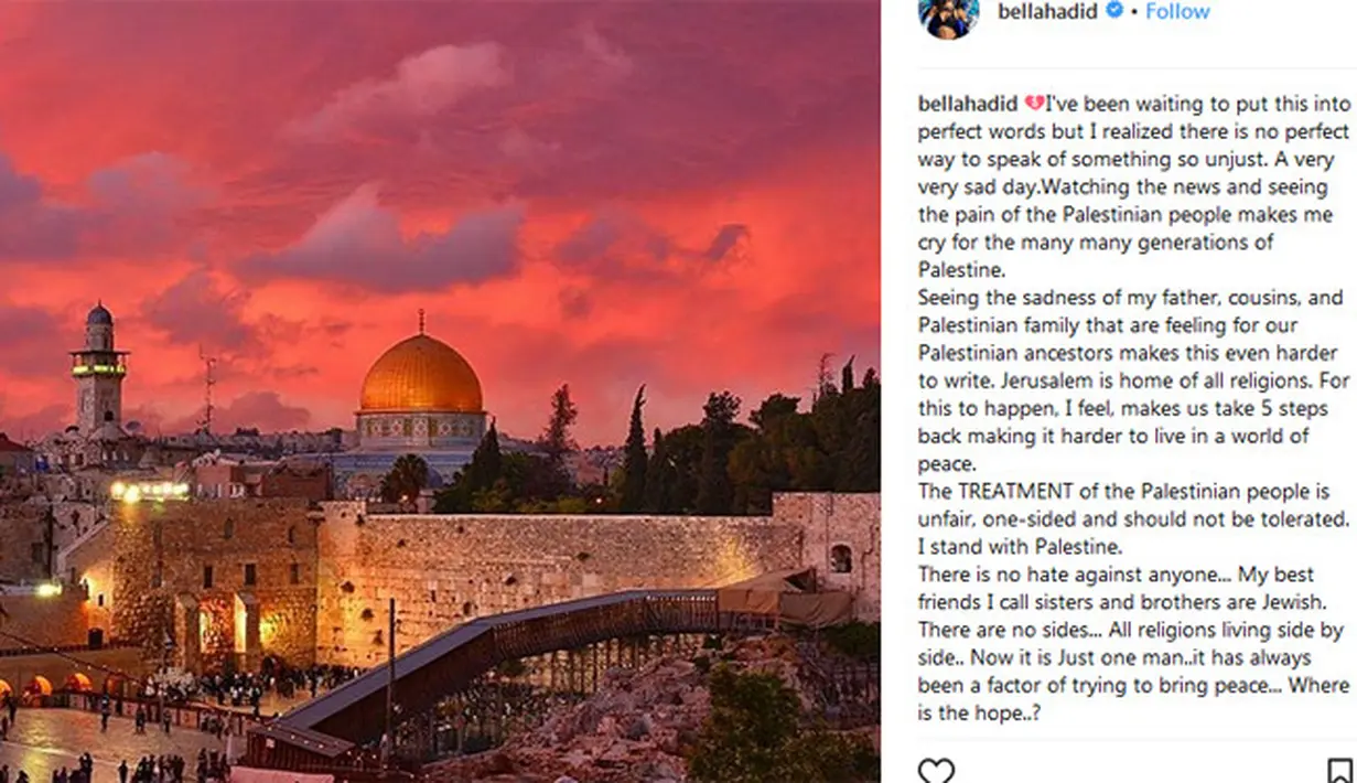 Lewat unggahan foto di akun Instagramnya, Bella menyampaikan rasa dukanya melihat ayah, keluarga dan masyarakat  di Palestina. (Instagram/Bellahadid)