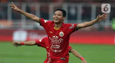 Pemain tengah Persija, Evan Dimas Darmono merayakan gol yang dicetaknya ke gawang Borneo FC pada laga pekan pertama Shopee Liga 1 Indonesia 2020 di Stadion Gelora Bung Karno, Jakarta, Minggu (1/3/2020). Persija unggul 3-2. (Liputan6.com/Helmi Fithriansyah)