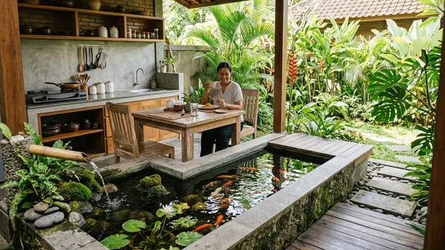 Desain Dapur Semi Outdoor dengan Kolam Ikan Mini