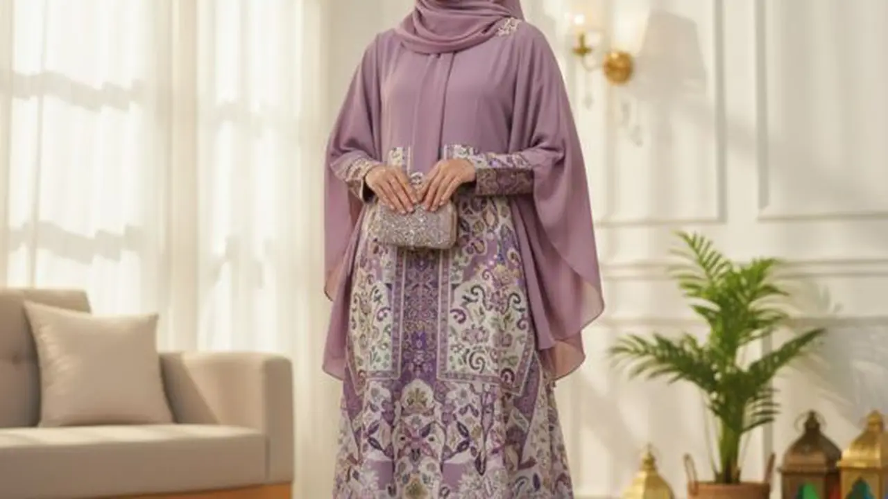 Gamis Batik Brokat berwarna Dusty Lilac/Gemini AI.