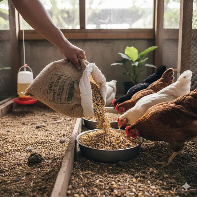 Cara Mengatur Pakan Ayam Rumahan (Foto: AI)