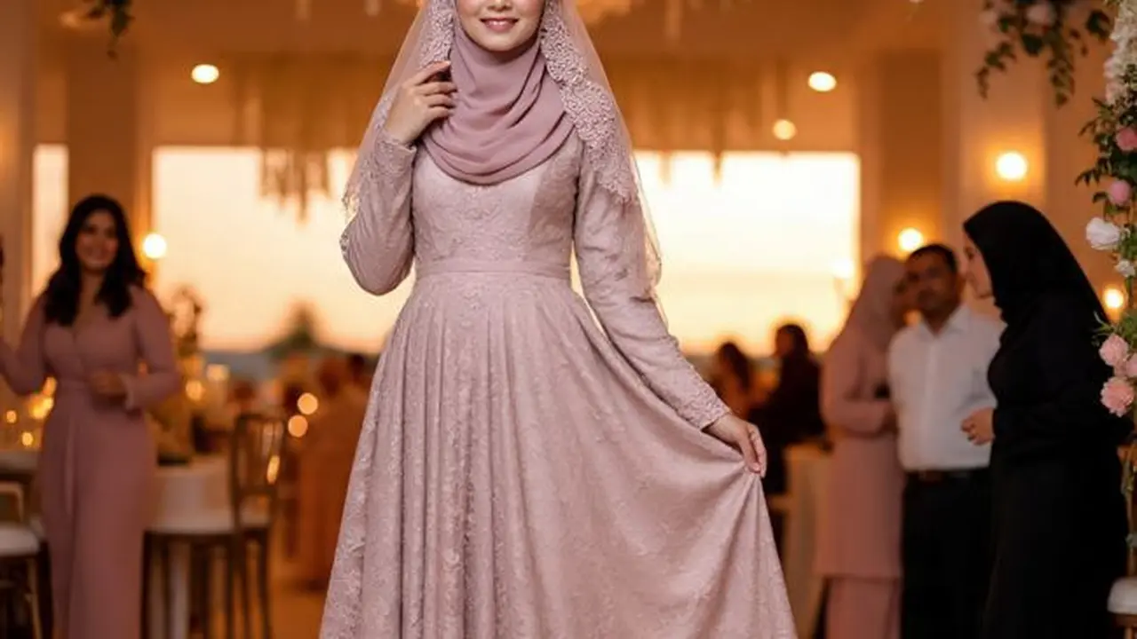 Ilustrasi Model Gamis Brokat Warna Dusty Pink (Sumber Gambar: Meta AI)