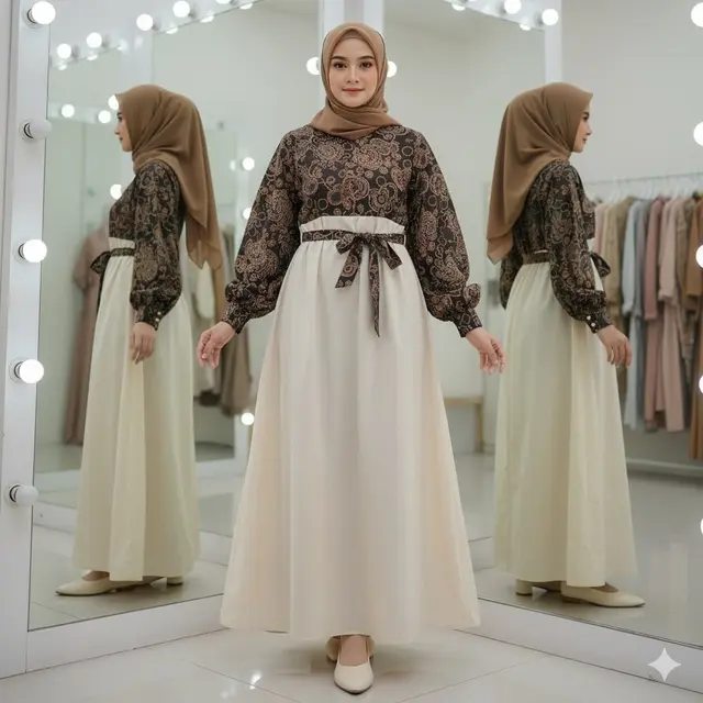 Gamis Batik Kombinasi Polos dengan Lengan Bishop Mocca