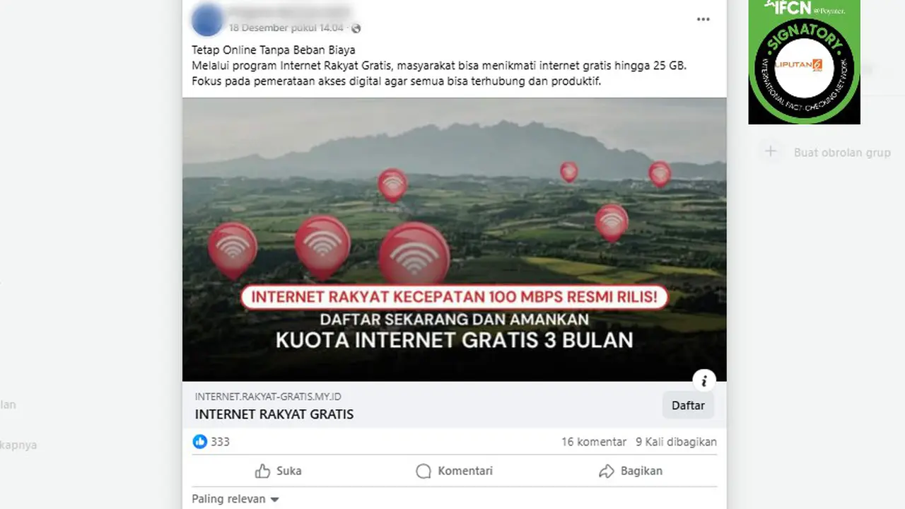 Tangkapan layar klaim link pendaftaran Internet Rakyat Gratis hingga 25 GB yang beredar di Facebook.