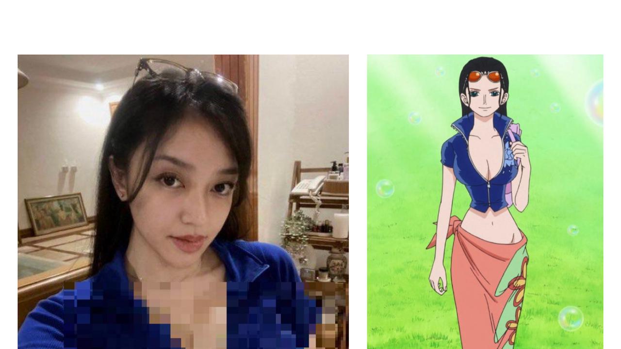 Perbandingan Amanda Zahra dengan Nico Robin dari One Piece (Sumber: Foto Twitter @amndzahra dan situs One Piece Fandom)