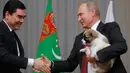 Presiden Turkmenistan Gurbanguly Berdimuhamedov berjabat tangan Presiden Rusia, Vladimir Putin setelah memberikan seekor anjing gembala Turkmen atau dikenal sebagai Alabai saat pertemuan di Sochi, Rusia (11/10). (AFP Photo/Pool/Maxim Shemetov)