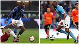 Foto kolase saat Patrick Viera (kiri) saat membela Inter Milan dalam pertandingan Liga Italia pada 8 Maret 2008 dan Viera (kanan) saat membela Manchester City dalam pertandingan persahabatan pada 7 Agustus 2010. (AFP/Guiseppe Cacace, Adrian Dennis)