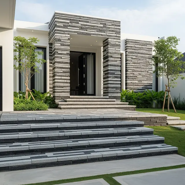 Model Rumah Minimalis dengan Tangga Depan Batu Alam (Image by Gemini AI)