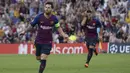 Gelandang Barcelona, Lionel Messi, merayakan gol yang dicetaknya ke gawang PSV Eindhoven pada laga Liga Champions di Stadion Camp Nou, Barcelona, Selasa (18/9/2018). Barcelona menang 4-0 atas PSV. (AFP/Josep Lago)