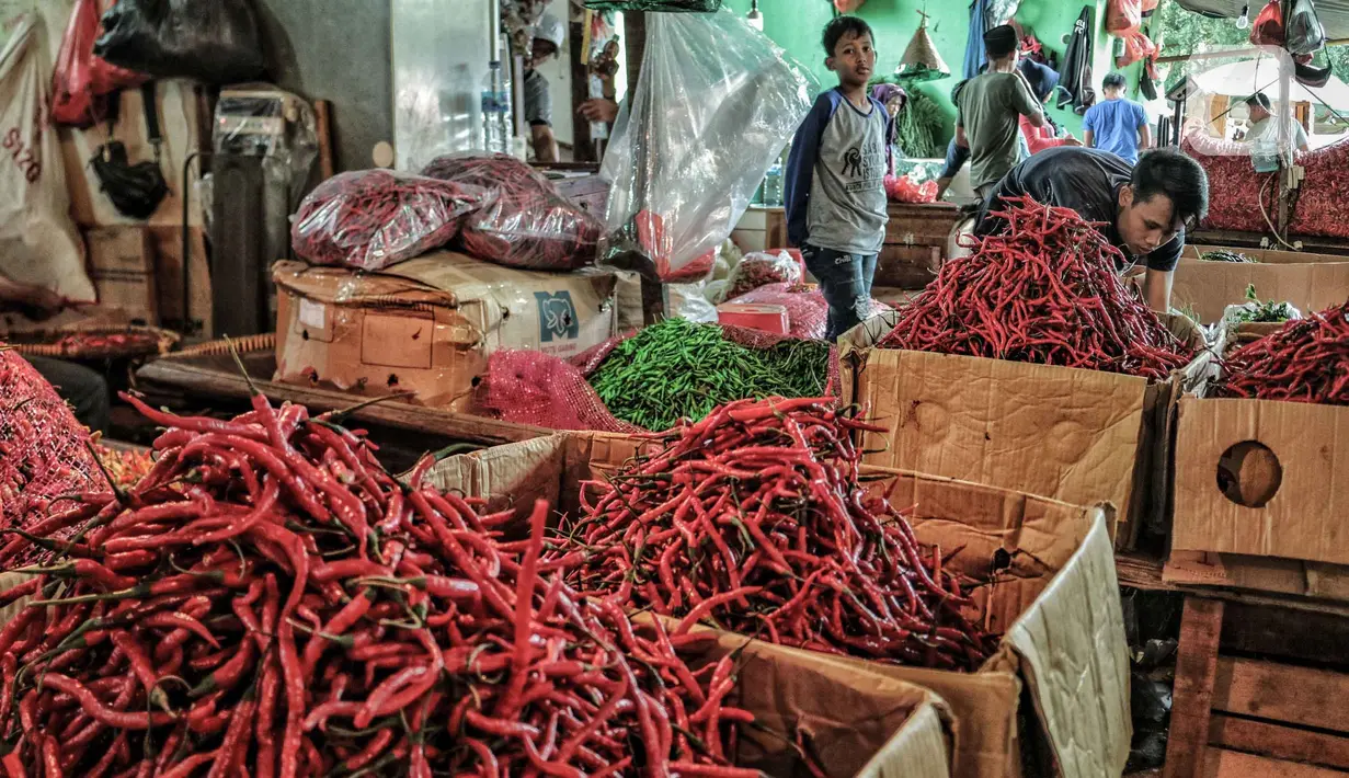 Aktivitas pedagang cabai di Pasar Induk Kramat Jati, Jakarta Timur, Kamis (6/1/2022). Untuk cabai rawit merah yang sebelumnya dijual kisaran Rp100-110 ribu per kilogram turun menjadi Rp80-90 ribu per kilogram. (merdeka.com/Iqbal S. Nugroho)