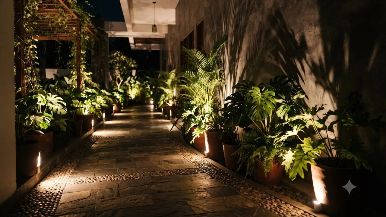 Desain Lorong Rumah dengan Lampu Tanam di Lantai