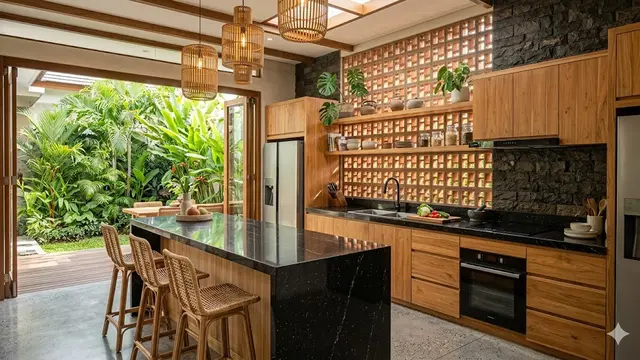 Desain Dapur Bergaya Tropis Modern Kombinasi Roster dan Batu Alam