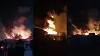 Tangkapan layar rekaman video amatir warga memperlihatkan kobaran api menghanguskan sebuah gudang penimbunan BBM di Bandar Lampung. Foto : (Istimewa).