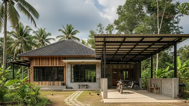 Desain Rumah Desa Sederhana dengan Garasi Terbuka/Gemini AI