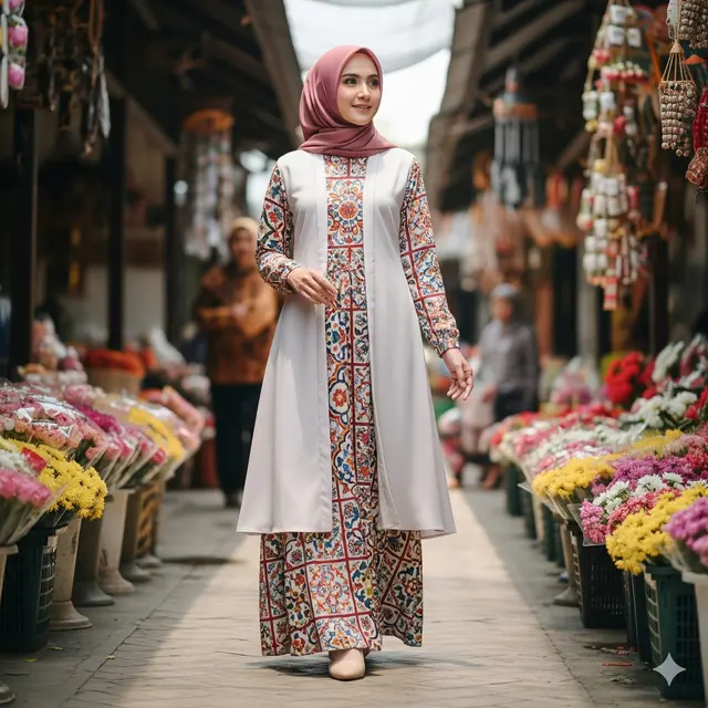 Maxi Dress Tile Bunga + Outer Polos