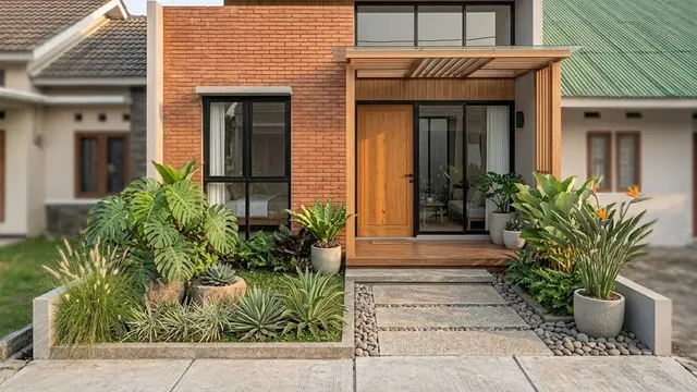 Rumah Compact dengan Bata Ekspos, Kayu, dan Taman Hijau
