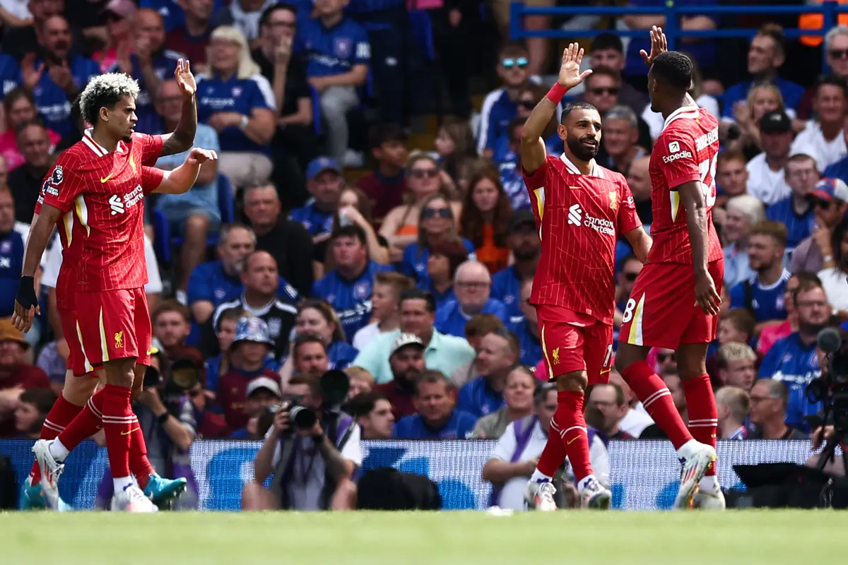 Selebrasi pemain Liverpool saat melawan Ipswich di Liga Inggris 2024/2025