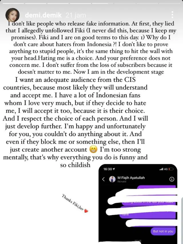 Dayana Bantah Telah Unfollow Fiki Naki, Sebut Haters Indonesia Kekanak-kanakan