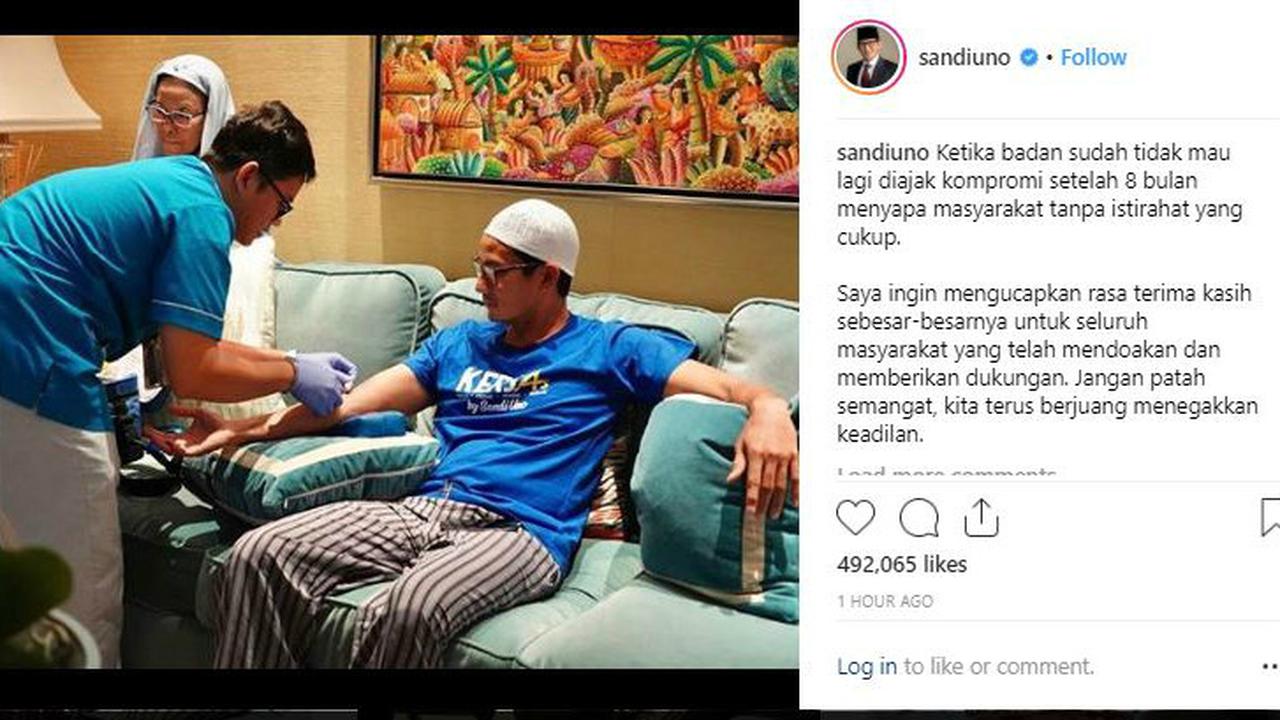 Cawapres nomor urut 02 Sandiaga Uno mengunggah kondisinya terkini di akun instragram.