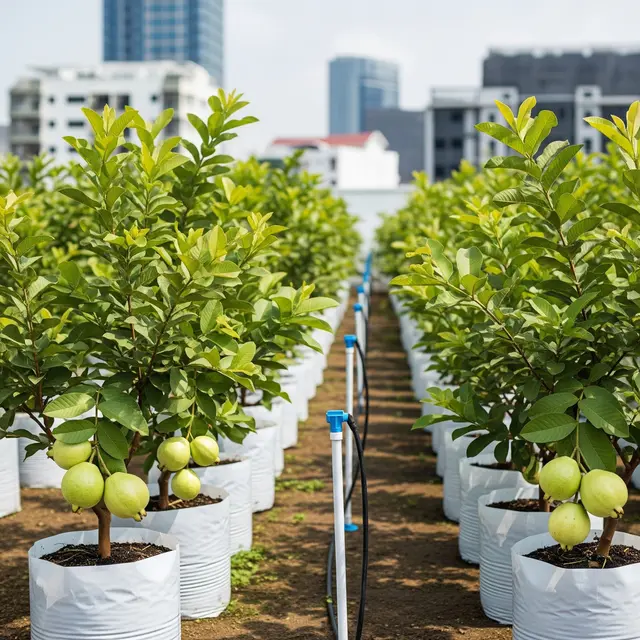 Kebun Buah di Polybag dengan Sistem Irigasi Sederhana untuk Lahan Terbatas (Image by Gemini AI)