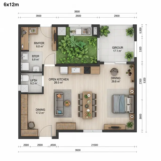 Denah Rumah 6x12 dengan Taman Dalam dan Dapur Terbuka