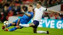 Pemain timnas Italia, Ciro Immobile berebut bola dengan pemain timnas Inggris, John Stones dalam laga persahabatan di Stadion Wembley, London, Rabu (28/3).  Inggris gagal meraih kemenangan setelah ditahan Italia 1-1. (AP Photo/Alastair Grant)