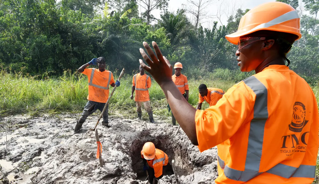 Tiguidanke Camara bersama karyawannya saat bekerja menambang emas di hutan Guingouine, Logouale, Pantai Gading, Sabtu (25/2). (AFP Photo/ Sia Kambou)