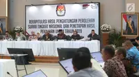 Ketua KPU RI, Arief Budiman (tengah) memimpin rapat Rekapitulasi Hasil Penghitungan Perolehan Suara Tingkat Nasional dan Penetapan Hasil Pemilu Tahun 2019, Jakarta, Sabtu (18/5/2019). Rapat membahas dan menetapkan perolehan suara dari Papua Barat dan DKI Jakarta. (Liputan6.com/Helmi Fithriansyah)