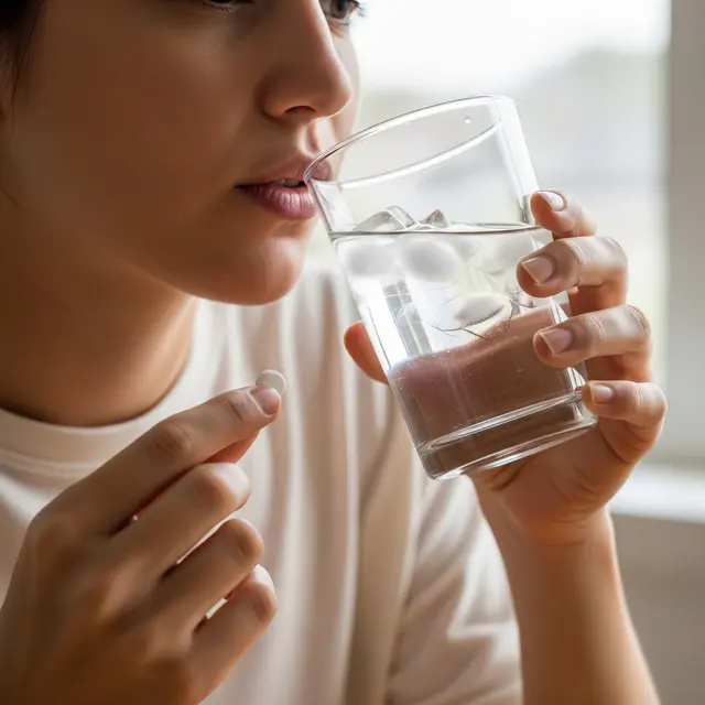 Wanita Mengangkat Gelas dan Minum Obat dengan Air Dingin (AI Generated)
