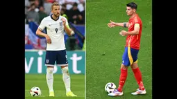 Harry Kane berhasil membawa Timnas Inggris kembali berlaga di partai final Piala Eropa meski pada edisi sebelumnya mereka takluk dari Italia. Kane juga beberapa kali memiliki peran penting dalam kemenangan dramatis The Three Lions. Sementara itu, Timnas Spanyol akan dipimpin oleh Alvaro Morata. Secara kasat mata, performa Morata tak cukup menonjol dengan mencetak satu gol dari enam laga. Namun, pelatih Luis de la Fuente tentu punya pertimbangan lain untuk memainkan pria 31 tahun tersebut. (AFP/Kirill Kudryavtsev, Alberto Pizzoli)