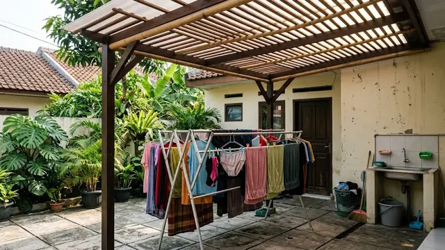 Desain Ruang Jemur di Belakang Rumah dengan Atap Kisi-Kisi