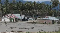 Dari kejauhan, tampak dusun 1 dan 2 Desa Bangga, Sigi yang telah terkubur pasir dan lumpur. Dusun itu sudah ditinggalkan warganya mengungsi. (Foto: Liputan6.com/ Heri Susanto).