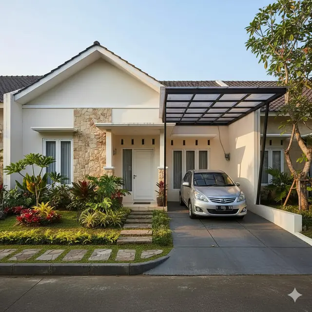 Desain Rumah Tipe 36 dengan Kanopi Mobil dan Halaman Depan