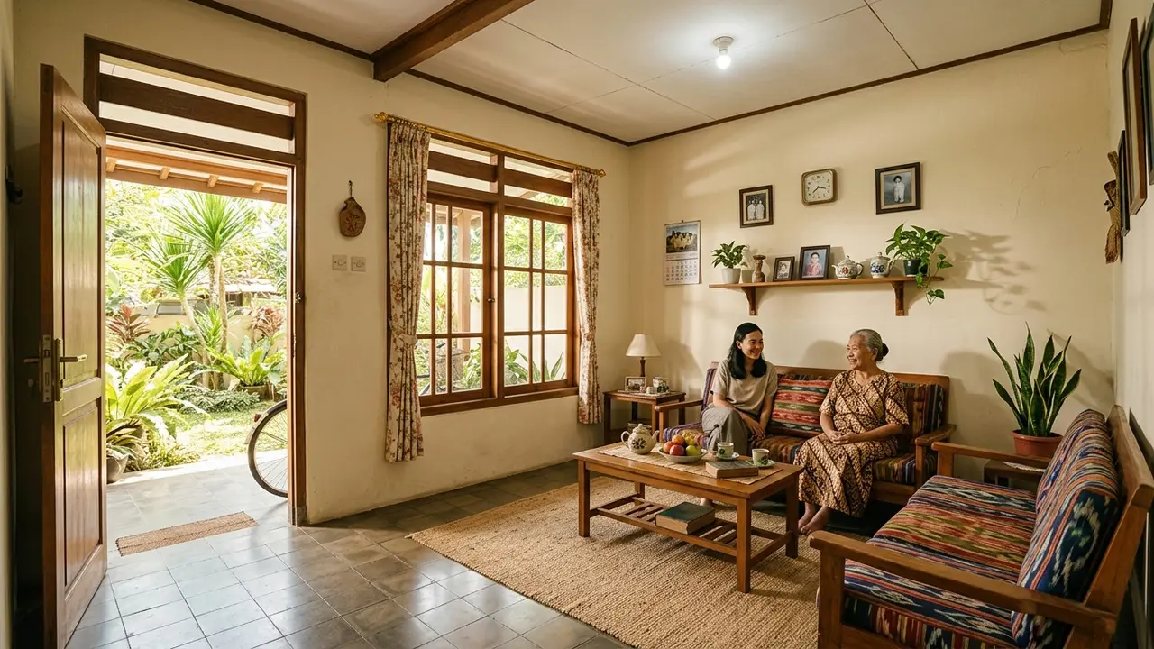 Desain Ruang Keluarga Rumah Kampung (AI Generated)