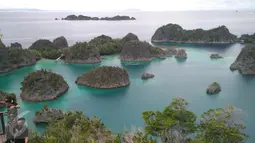 Pengunjung berada di Pulau Piaynemo di Kabupaten Raja Ampat, Papua Barat. Pulau Piaynemo juga sering disebut sebagai Pulau Wayag kecil. (Liputan6.com/Zulfi Suhendra)